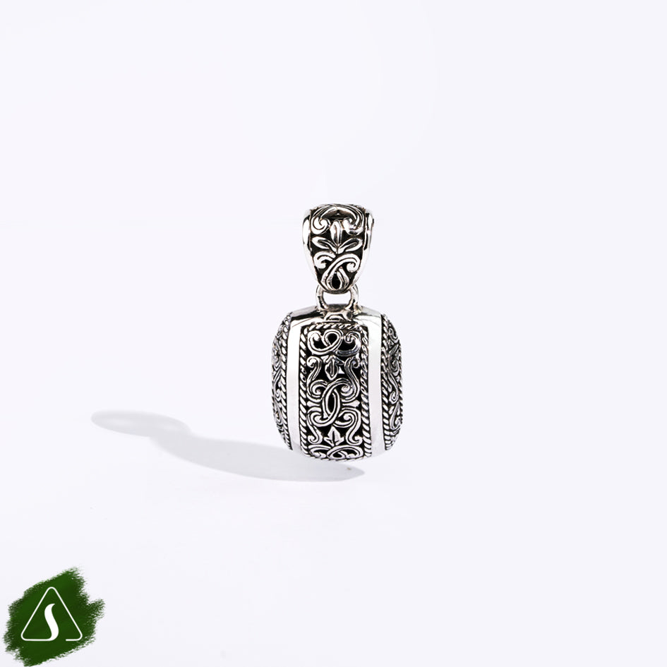 Handmade Sterling Silver Barrel Pendant: Ornate Scrollwork, Balinese Artisan Charm