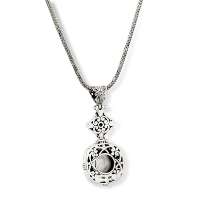 Sterling Silver Round Mother of Pearl Pendant Necklace with Ornate Scrollwork, 18K Gold Accents & Woven Silver Chain