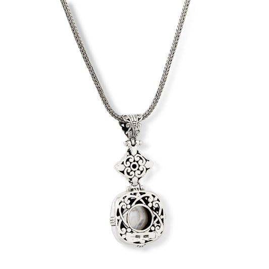 Sterling Silver Round Mother of Pearl Pendant Necklace with Ornate Scrollwork, 18K Gold Accents & Woven Silver Chain