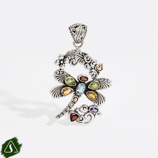 Handmade Sterling Silver Dragonfly Pendant, Bali Gemstone Dragonfly Necklace Charm, Multi Gemstone Nature Jewelry,