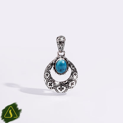 Vintage Bali Silver Turquoise Pendant | Handmade Sterling Silver Boho Teardrop Necklace Charm