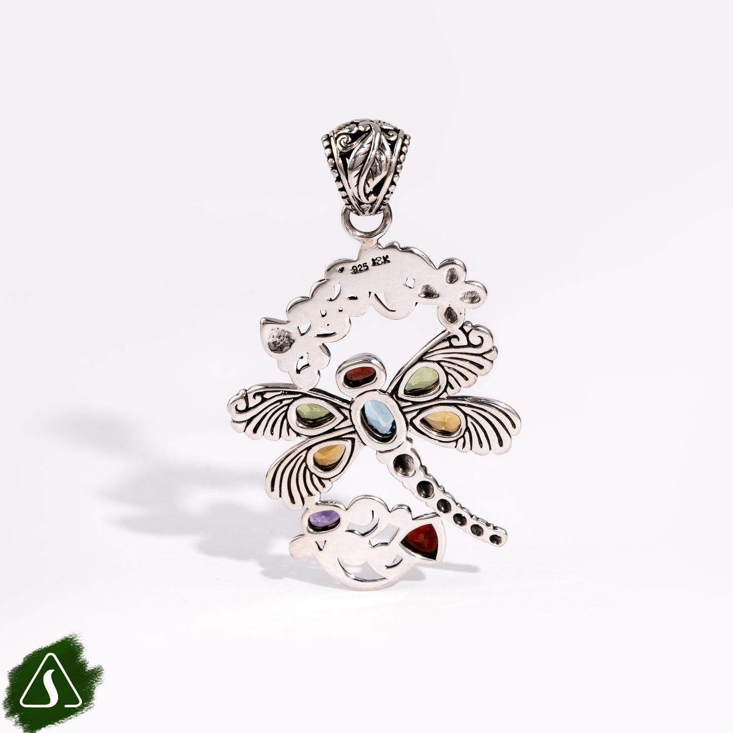 Handmade Sterling Silver Dragonfly Pendant, Bali Gemstone Dragonfly Necklace Charm, Multi Gemstone Nature Jewelry,