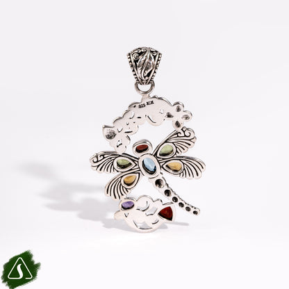 Handmade Sterling Silver Dragonfly Pendant, Bali Gemstone Dragonfly Necklace Charm, Multi Gemstone Nature Jewelry,