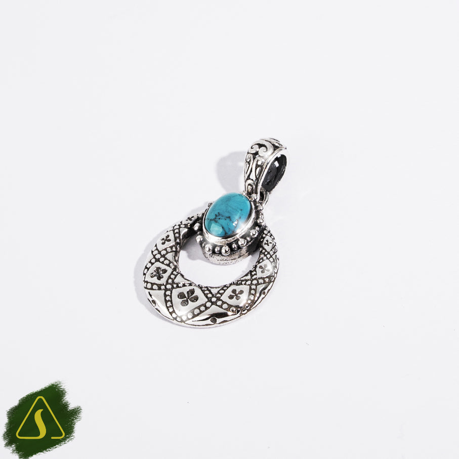 Vintage Bali Silver Turquoise Pendant | Handmade Sterling Silver Boho Teardrop Necklace Charm