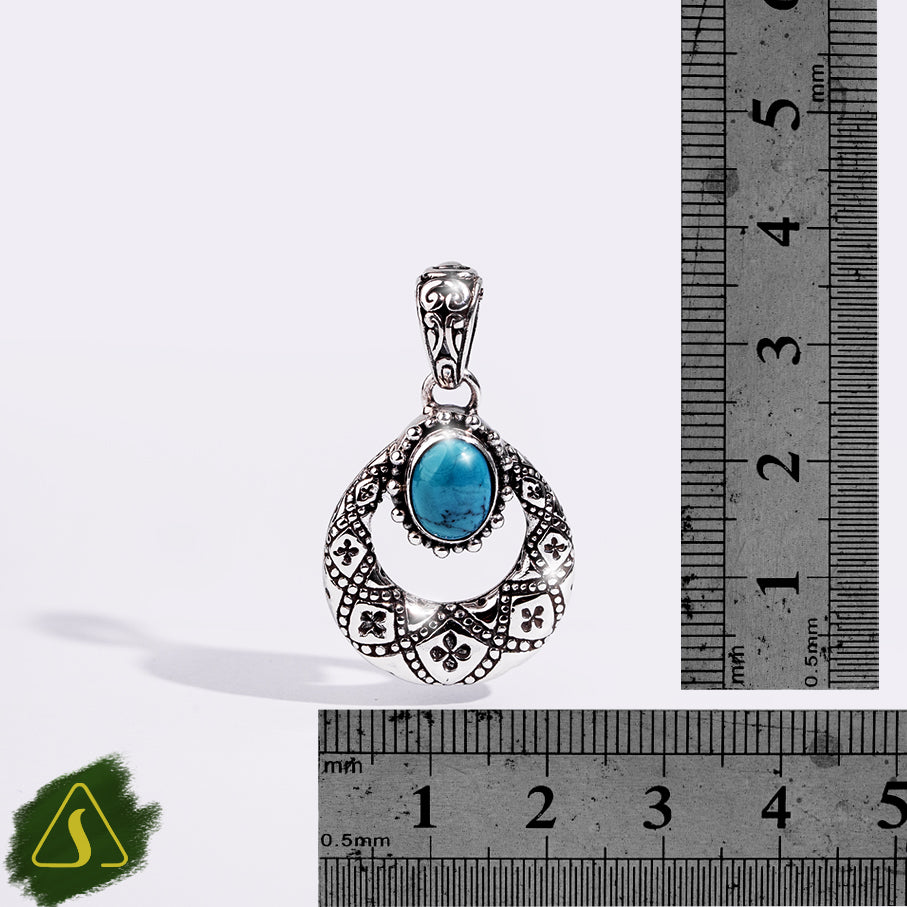 Vintage Bali Silver Turquoise Pendant | Handmade Sterling Silver Boho Teardrop Necklace Charm