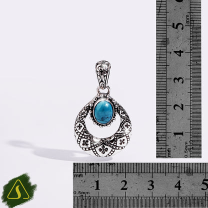 Vintage Bali Silver Turquoise Pendant | Handmade Sterling Silver Boho Teardrop Necklace Charm