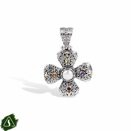 Artisan Sterling Silver Petal Cross Pendant with Pearl Centerpiece