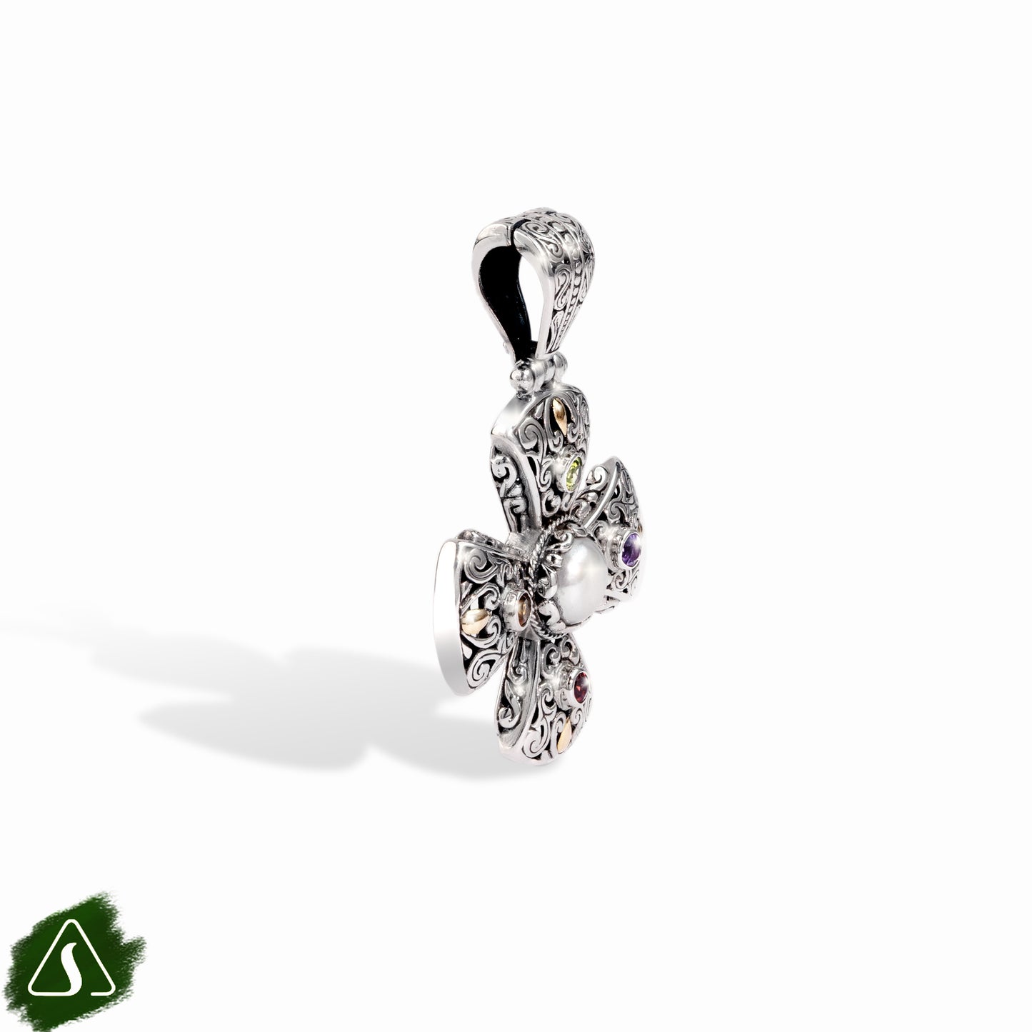 Artisan Sterling Silver Petal Cross Pendant with Pearl Centerpiece