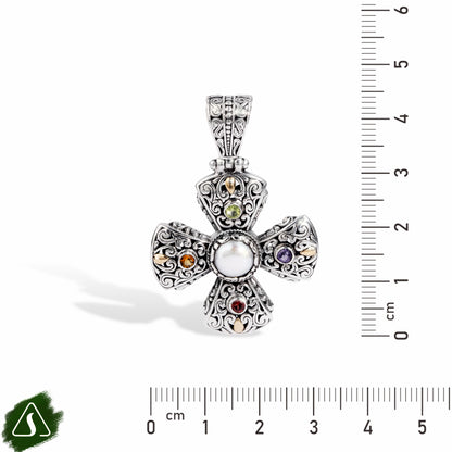Artisan Sterling Silver Petal Cross Pendant with Pearl Centerpiece