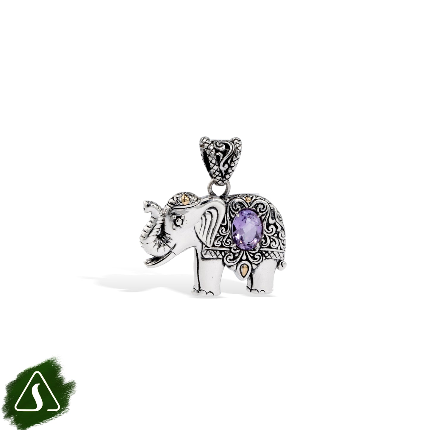 Sterling Silver Elephant Pendant with Natural Amethyst & 18K Gold Accents