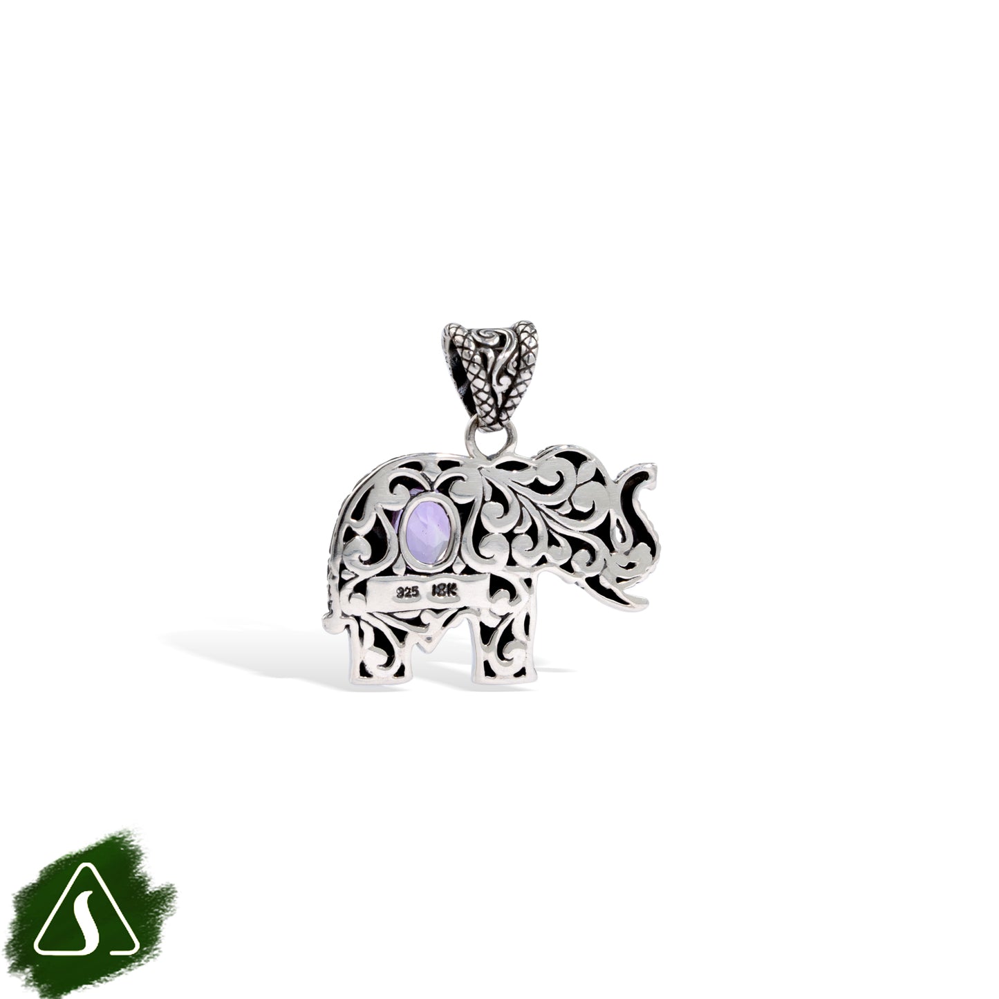 Sterling Silver Elephant Pendant with Natural Amethyst & 18K Gold Accents