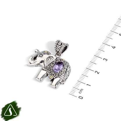 Sterling Silver Elephant Pendant with Natural Amethyst & 18K Gold Accents