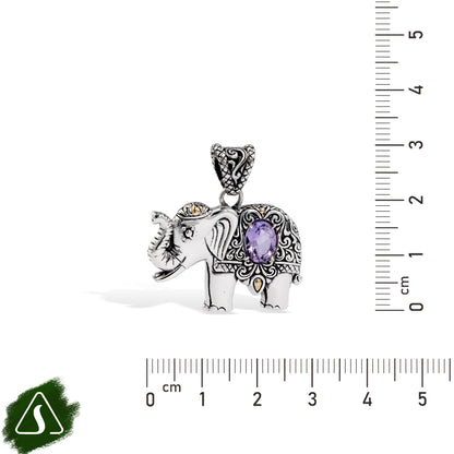 Sterling Silver Elephant Pendant with Natural Amethyst & 18K Gold Accents