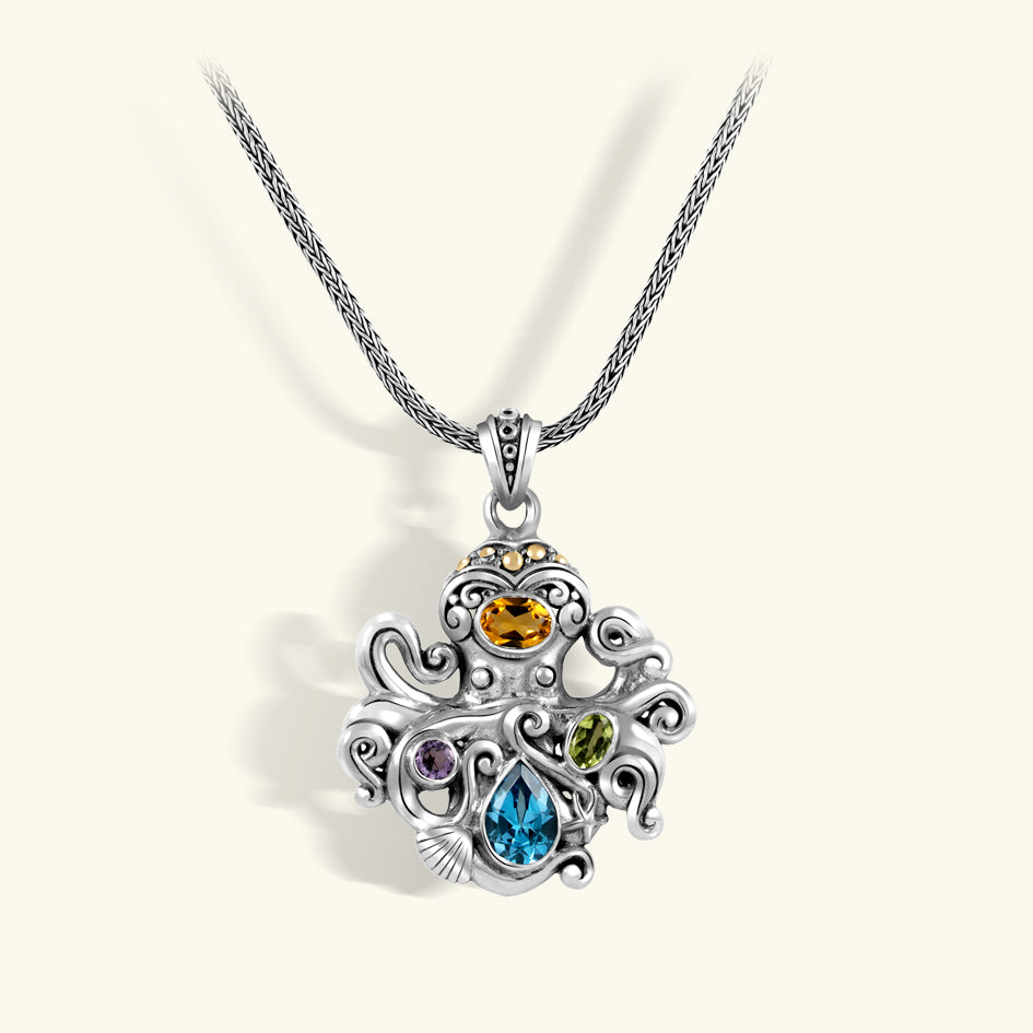 Sterling Silver Octopus Pendant Necklace with Multicolor Gemstones