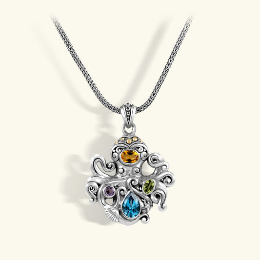 Sterling Silver Octopus Pendant Necklace with Multicolor Gemstones