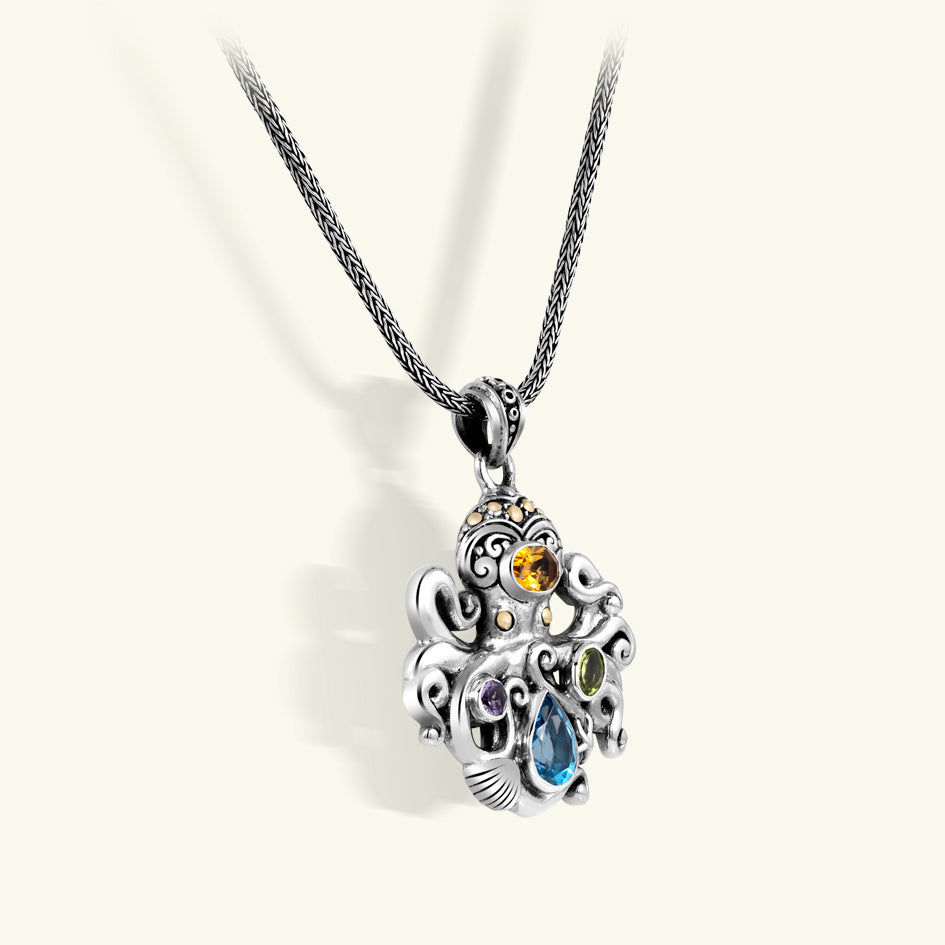 Sterling Silver Octopus Pendant Necklace with Multicolor Gemstones