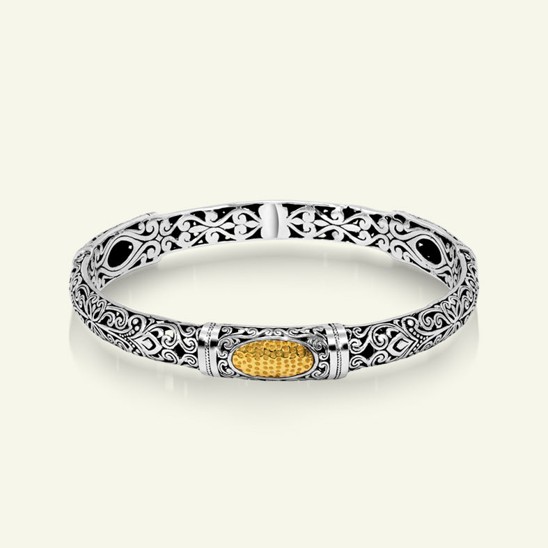 Sterling Silver Bangle Bracelet with Gold Plated Honeycomb Center