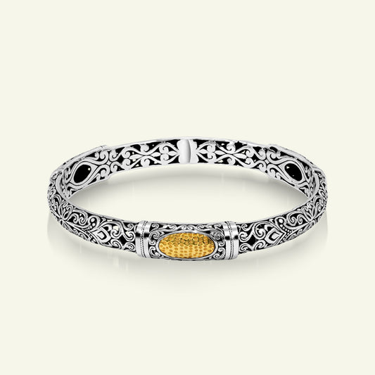 Sterling Silver Bangle Bracelet with Gold Plated Honeycomb Center