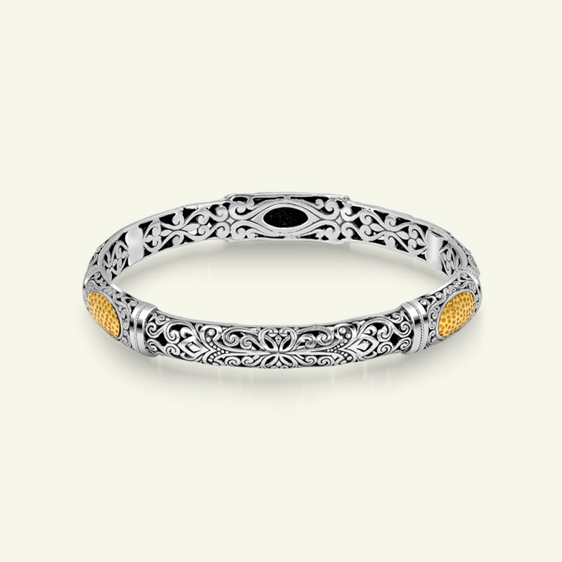 Sterling Silver Bangle Bracelet with Gold Plated Honeycomb Center