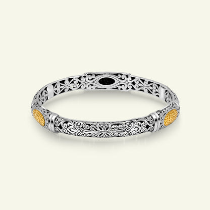 Sterling Silver Bangle Bracelet with Gold Plated Honeycomb Center