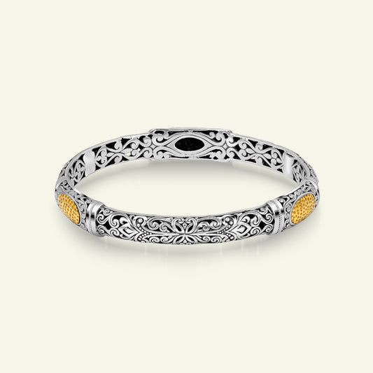 Sterling Silver Bangle Bracelet with Gold Plated Honeycomb Center