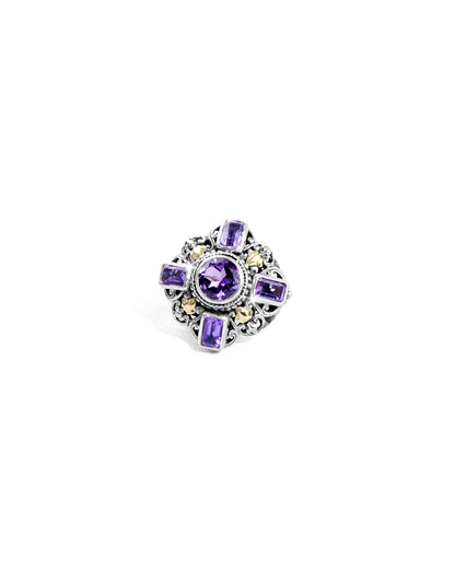 Ornate Amethyst Cross Ring with 18K Gold Accents and Balinese Scroll Carving
