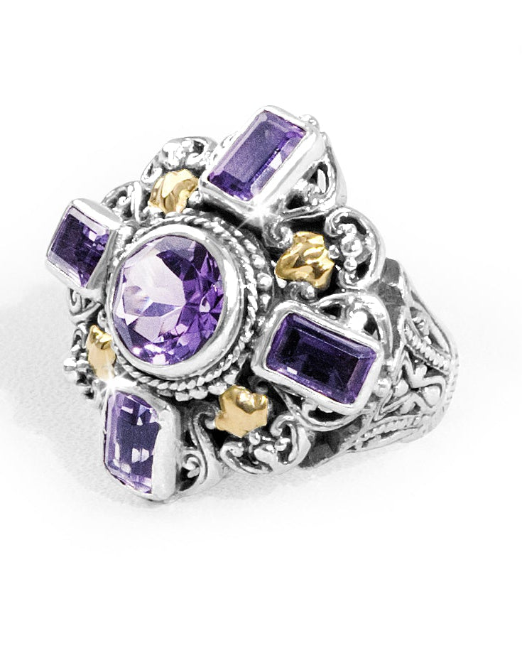 Ornate Amethyst Cross Ring with 18K Gold Accents and Balinese Scroll Carving
