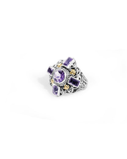 Ornate Amethyst Cross Ring with 18K Gold Accents and Balinese Scroll Carving