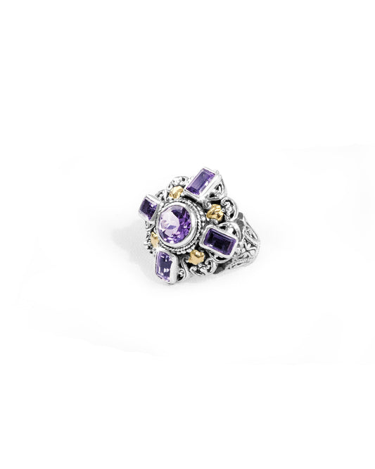 Ornate Amethyst Cross Ring with 18K Gold Accents and Balinese Scroll Carving