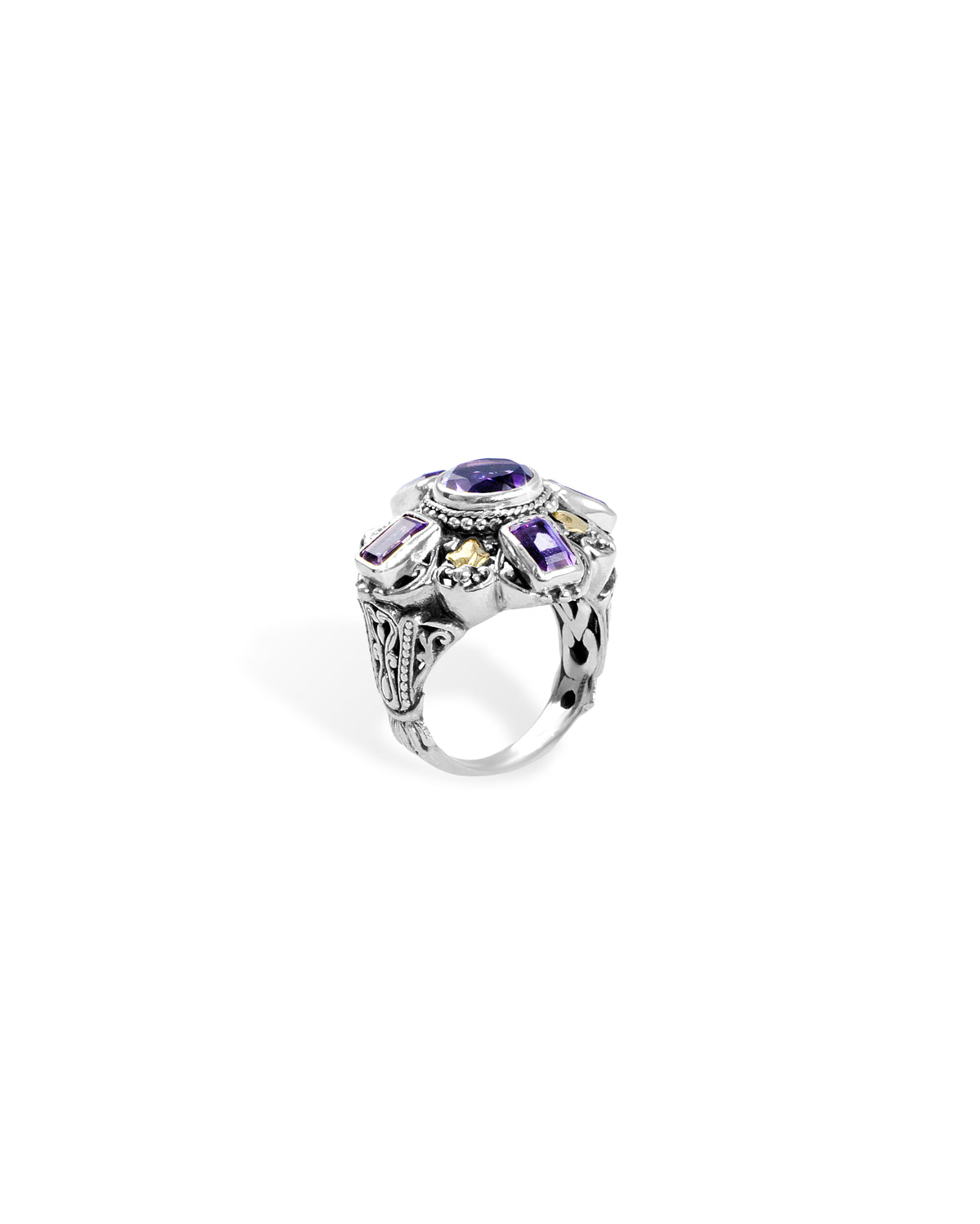 Ornate Amethyst Cross Ring with 18K Gold Accents and Balinese Scroll Carving