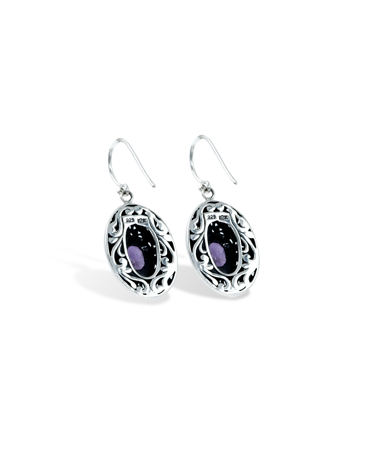 Oval Amethyst Earrings with Intricate Balinese Scrollwork & 18K Gold Details
