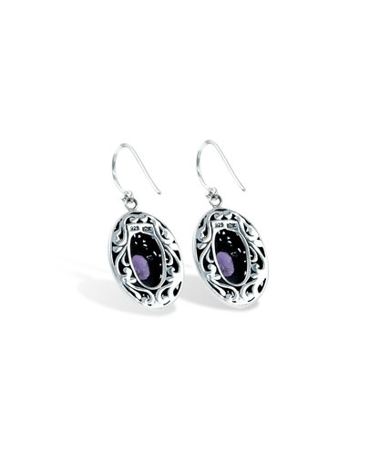 Oval Amethyst Earrings with Intricate Balinese Scrollwork & 18K Gold Details