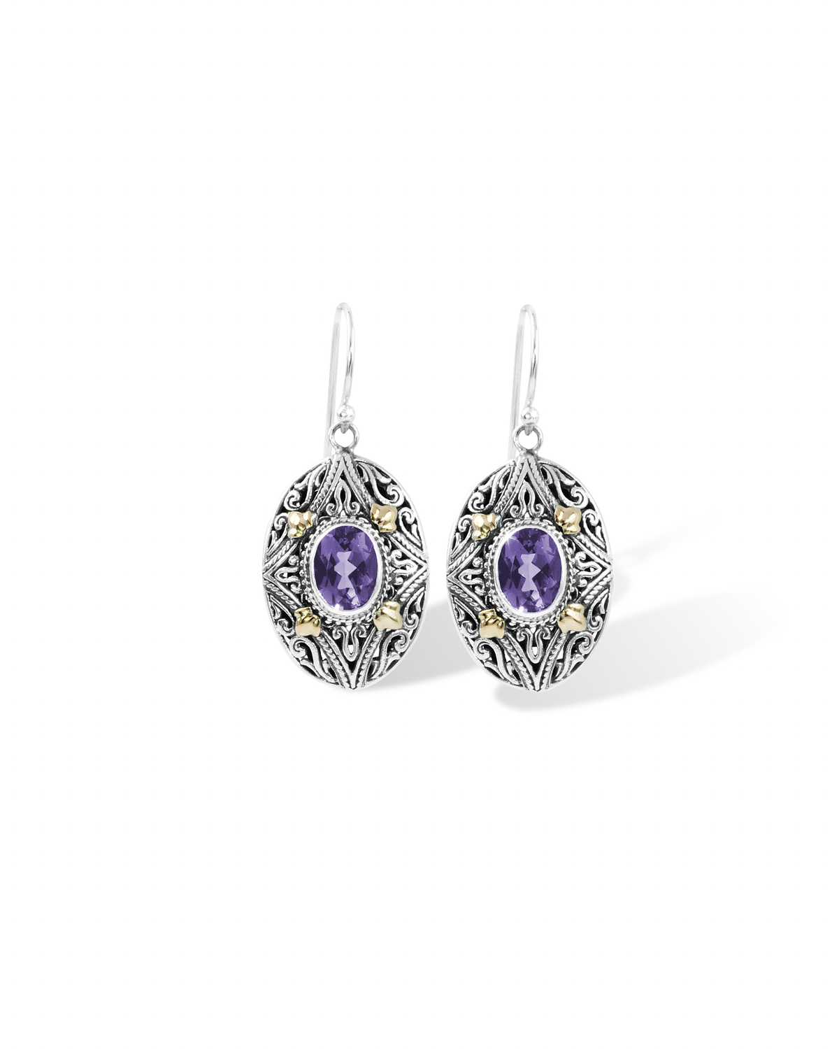 Oval Amethyst Earrings with Intricate Balinese Scrollwork & 18K Gold Details
