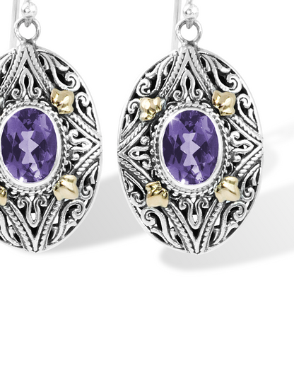 Oval Amethyst Earrings with Intricate Balinese Scrollwork & 18K Gold Details