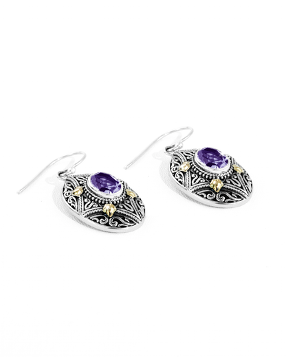 Oval Amethyst Earrings with Intricate Balinese Scrollwork & 18K Gold Details
