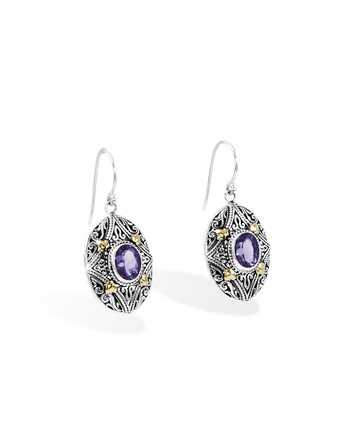 Oval Amethyst Earrings with Intricate Balinese Scrollwork & 18K Gold Details