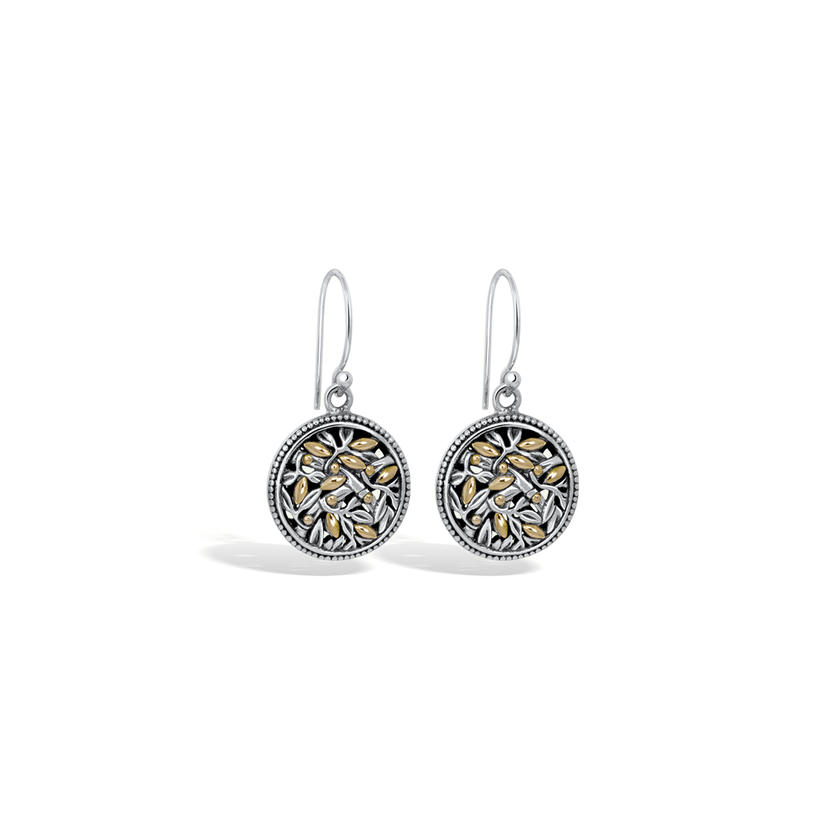 Two Tone Bamboo Leaves Round Earrings with 18K Gold Accents