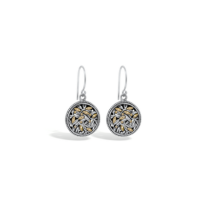 Two Tone Bamboo Leaves Round Earrings with 18K Gold Accents