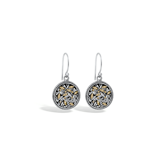 Two Tone Bamboo Leaves Round Earrings with 18K Gold Accents