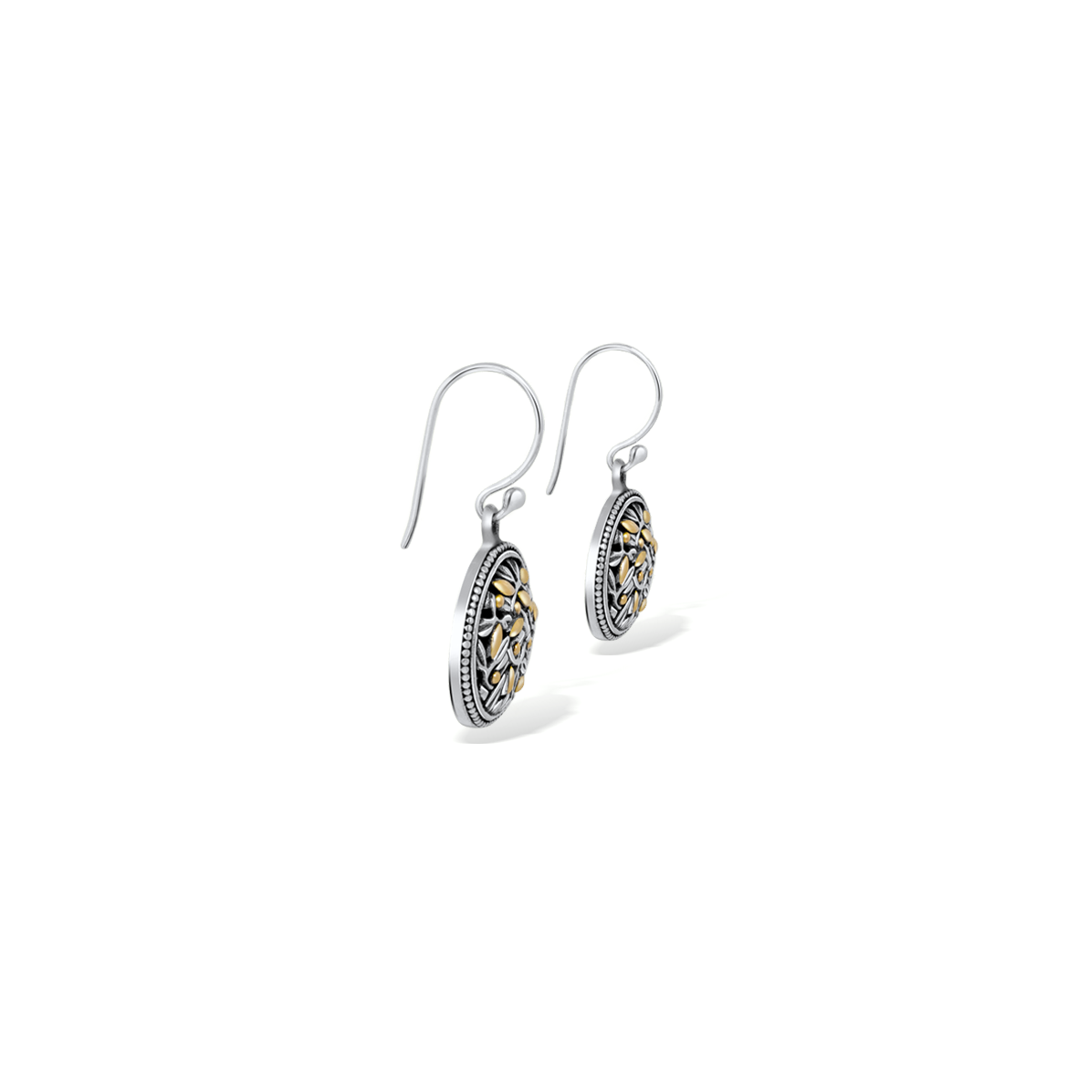 Two Tone Bamboo Leaves Round Earrings with 18K Gold Accents