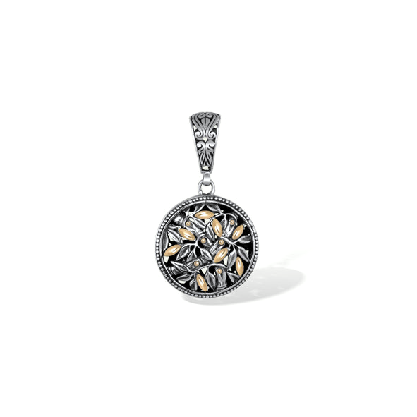 Two Tone Bamboo Leaves Round Pendant with 18K Gold Accents