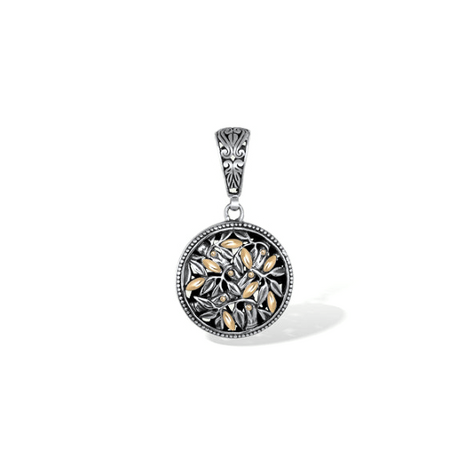 Two Tone Bamboo Leaves Round Pendant with 18K Gold Accents