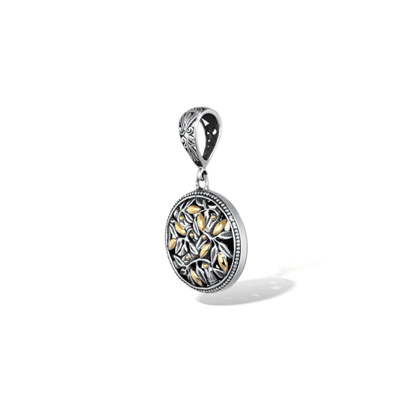 Two Tone Bamboo Leaves Round Pendant with 18K Gold Accents
