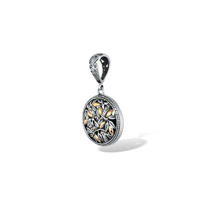 Two Tone Bamboo Leaves Round Pendant with 18K Gold Accents