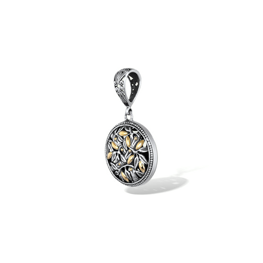Two Tone Bamboo Leaves Round Pendant with 18K Gold Accents