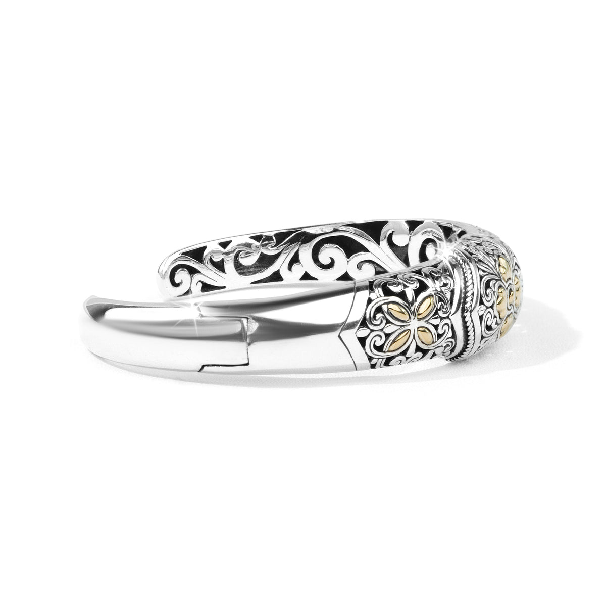 Puspa Royale – Balinese Floral Silver Cuff Bracelet with 18K Gold Accents