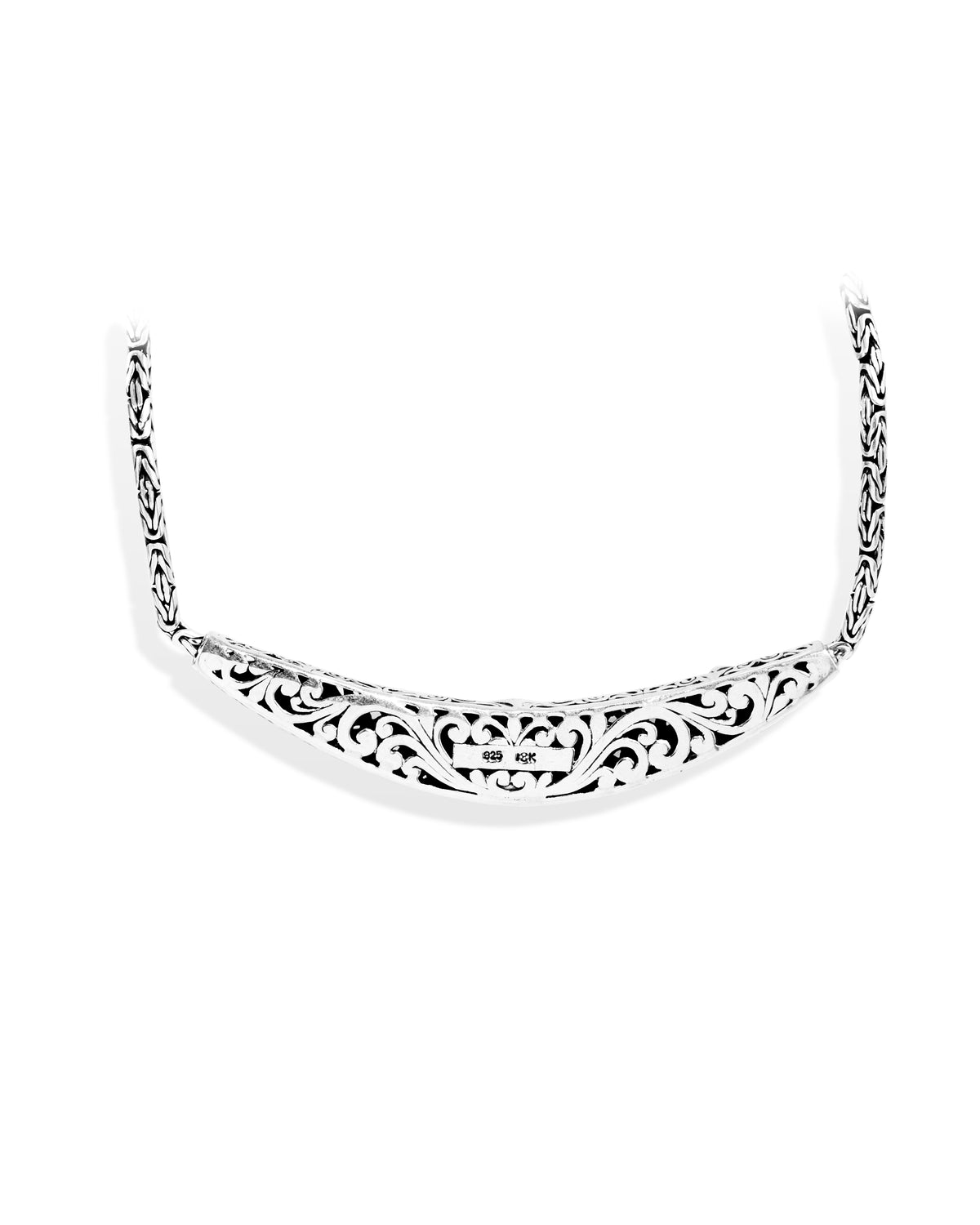 Balinese Floral Carved Sterling Silver 925 Necklace with 18K Gold Flower Accents and Woven Chain
