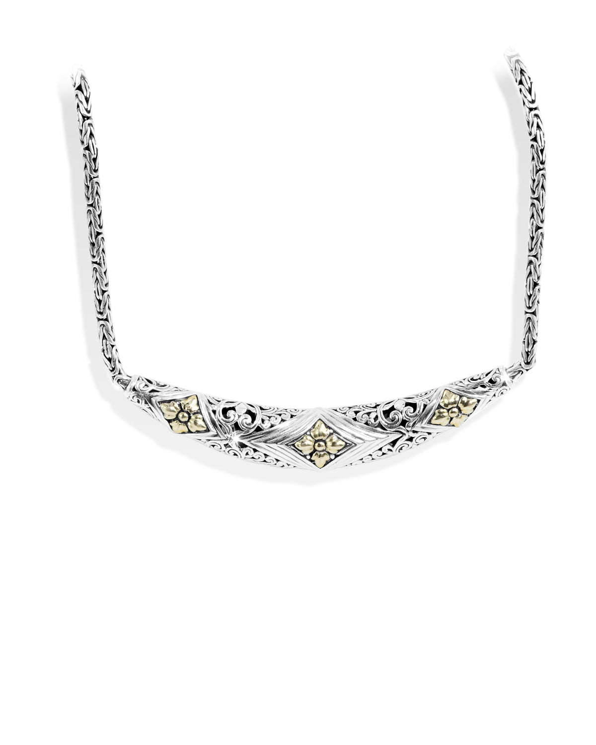Balinese Floral Carved Sterling Silver 925 Necklace with 18K Gold Flower Accents and Woven Chain
