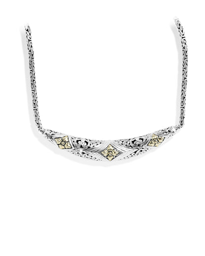 Balinese Floral Carved Sterling Silver 925 Necklace with 18K Gold Flower Accents and Woven Chain