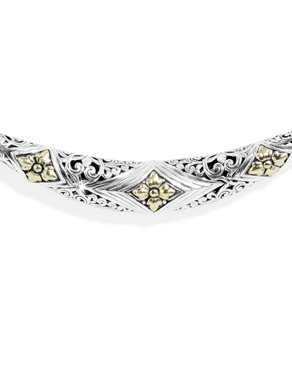 Balinese Floral Carved Sterling Silver 925 Necklace with 18K Gold Flower Accents and Woven Chain